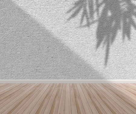 Concept of leaf shadow and light on gray cement wall and wooden floor.design