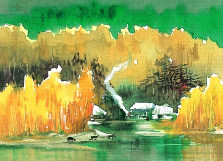 Oil painting: Buffallo eating peacefully  in countryside. のeditorial素材