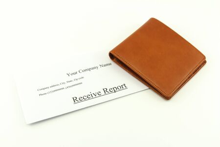 Brown wallet with receive report on a white backgroundの写真素材