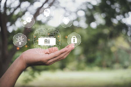 AI brain icon on hand nature background. Digital data mining and machine learning technology design...