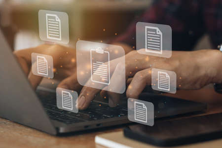 Virtual screen icons Document Management System (DMS) Online document database, software for efficient archiving, searching and management of company files and data. Document management concept.の写真素材