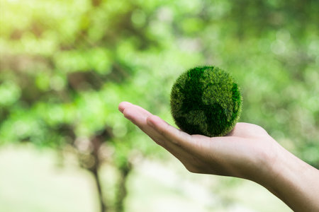 Hand Embracing Green globe World Earth Day Concept. Green Energy, ESG, Environmental, social and corporate governance. Renewable and Sustainable Resources. Environmental and Ecology Care.の写真素材