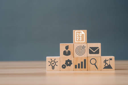 2023 Budget planning and allocation concept. Business strategy including element with goal, ideas,...