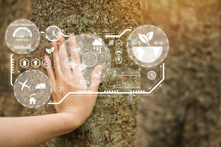 Human hand touching tree in rainforest, Love nature concept.  Development into business for...