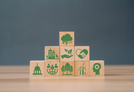Zero net emissions renewable energy sustainable technology ecological environment CO2 emission icon in ESG concept. Green CO2 emission concept on a wooden block in the green industry businessの写真素材
