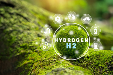 Close up earth on nature background with icon H2 Fuel Modern Manufacturing. Hydrogen green clean ecological energy. Hydrogen Industry Concept.の写真素材