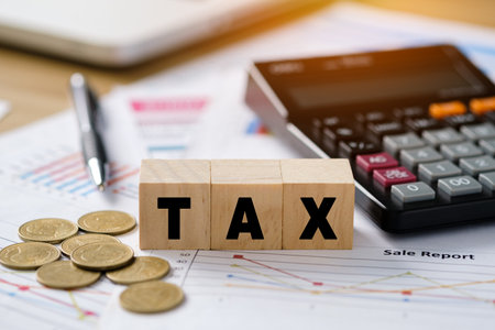 Tax time words on wooden blocks, Clipboard with tax form, money, calculator and pen on the table. Tax-filling concept. Office workplace.の写真素材
