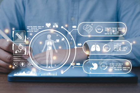 Digital healthcare and network connection on hologram interface, Science and innovative, Medical technology and network concept. Medicine doctor holding electronic medical record on tablet. DNA.の写真素材