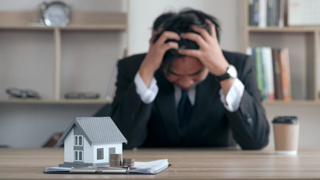 Concept of real estate debt spreading around the world.world economic crisis. recession, inflation. Businessman sitting stressed holding his head with the house model and contract document in front.の写真素材