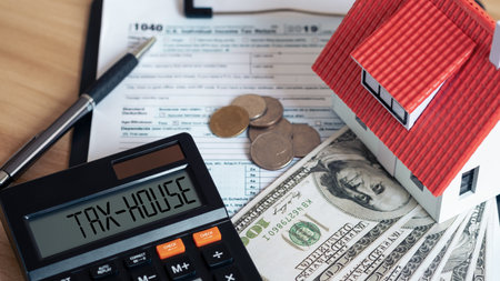 Tax house on calculator and Miniature house with money on tax papers. The concept of paying tax for housing and property. Debt payment. Property taxes. Tax house concept.の写真素材