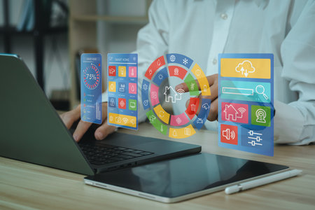 The new innovation of the Future. Smart home control with Computer. Lifestyle of person in modern...