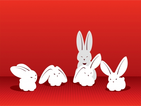 Five White rabbits on a red background for advertizing  のイラスト素材