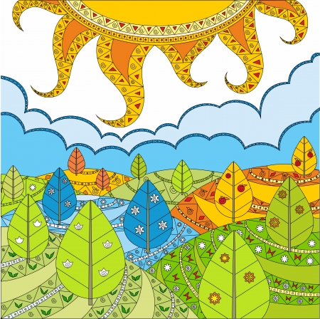 Solar landscape - the nature in the spring, in the winter, in the autumn and in the summer.のイラスト素材