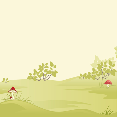 Summer background - meadow with bushes , grass and mushrooms.のイラスト素材