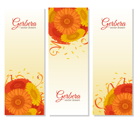 Banner with flowers bouquet - Summer background with Gerbera. Hand drawn vector illustration.のイラスト素材