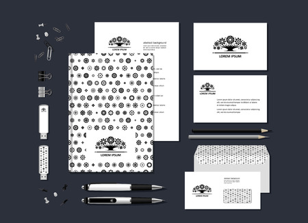 The neutral black-and-white corporate identity with the stylized tree. Samples of business cards, a disk, a flag, a pen, a flash card, a form, an envelope, a mug, a notepad, a pencil. Vector.のイラスト素材