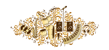Vector compositions with musical instruments, notes, paint drops, elements of graffiti.のイラスト素材