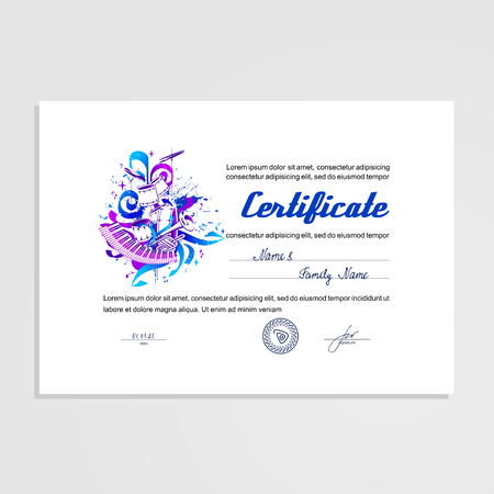 Certificate, Diploma, subject - music. Design template. A vector.のイラスト素材