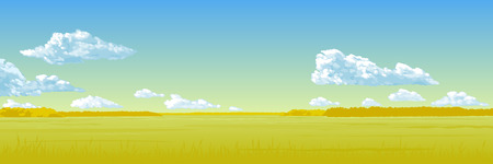 Autumn panorama - the blue sky, clouds, the yellow field. Vector illustration.のイラスト素材