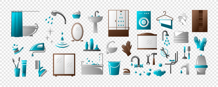 Bathroom equipment, repair, cleaning. Set for your design - banners, posters, placards, brochures, flyers etc. Eps10 vector illustration.のイラスト素材