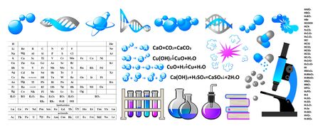 Chemistry. Formulas of chemical elements, molecules, instruments. Set for for your design - banners, posters, placards, brochures, flyers etc. Eps10 vector set.のイラスト素材