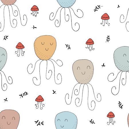 Seamless texture with octopuses and hand drawn elements. Childish sea background, drawing with line-art. Eps10 vector.のイラスト素材