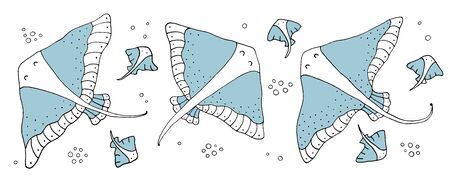 Drawing - funny stingrays and hand drawn elements. Eps10 vector line-art illustration.