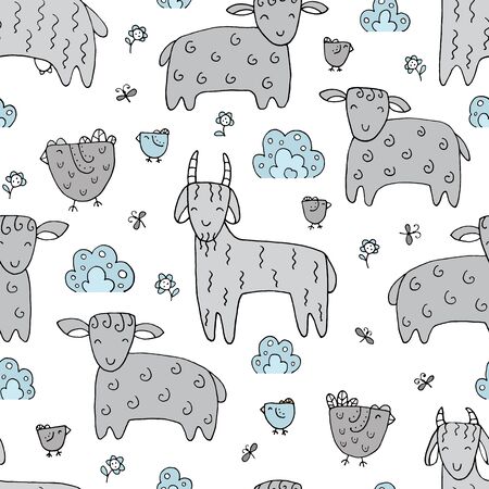Seamless texture with funny goats and hand drawn elements. Childish background - animals on the farm. Eps10 vector line-art drawing.のイラスト素材