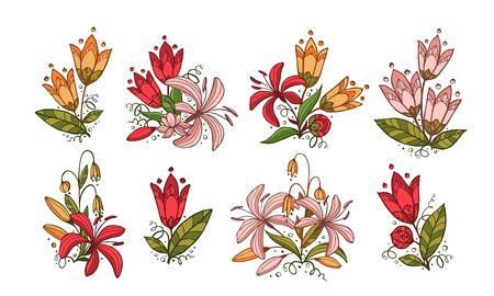 Set of floral compositions. Flowers drawing with line-art, isolated on white background. Eps10 vector set.のイラスト素材