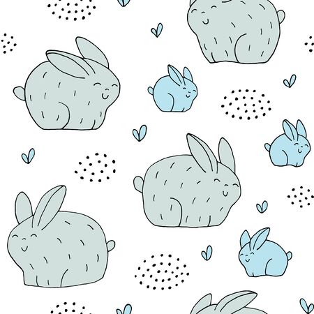 Seamless texture with funny rabbits and hand drawn elements. Childish background - animals on the farm. Eps10 vector line-art drawing.のイラスト素材