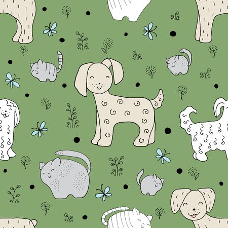 Seamless texture with funny dogs and hand drawn elements. Childish background - pets. Eps10 vector line-art drawing.のイラスト素材