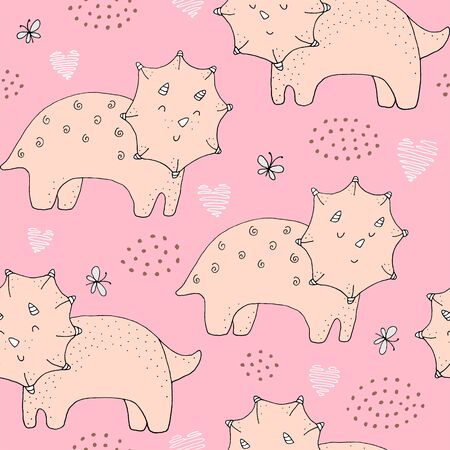 Seamless texture with funny dinosaurs and hand drawn elements. Childish background - ancient animals. Eps10 vector line-art drawing.のイラスト素材