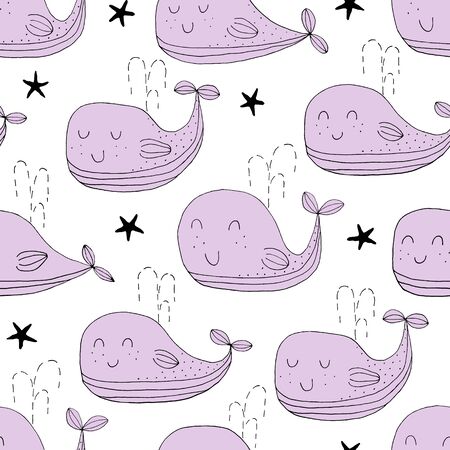 Seamless texture with whales and hand drawn elements.のイラスト素材