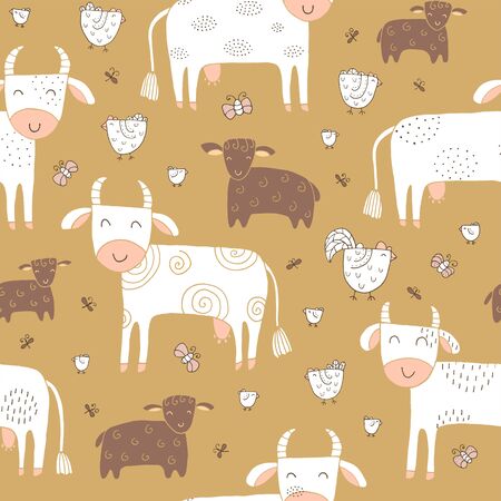 Seamless texture with funny cows, sheep, chickens and hand drawn elements.のイラスト素材