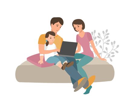 Mom, dad and baby are looking at the laptop screen. Family at home. Work, training and entertainment at home. Eps 10  vector illustration.のイラスト素材