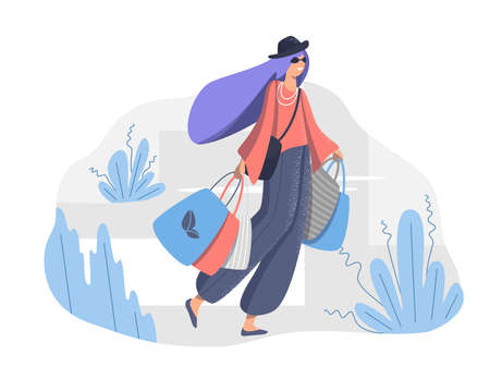 A beautiful young girl walking with a bunch of shopping bags. Happy woman with shopping. Positive shopaholic, sales. Flat cartoon colorful illustration - eps10 vector.のイラスト素材