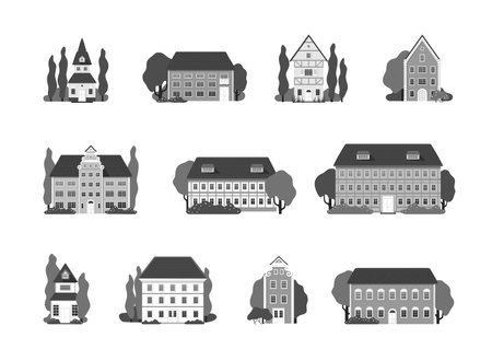 Set - cozy houses from small old streets. Silhouettes of buildings. Urban cityscape. Vector illustration.のイラスト素材