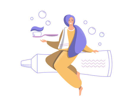 Smiling woman with a toothbrush and toothpaste. A beautiful young girl takes care of her health and cleanliness, takes care of herself with positive emotions. Morning hygiene procedures. Flat cartoon colorful illustration - eps10 vector.のイラスト素材
