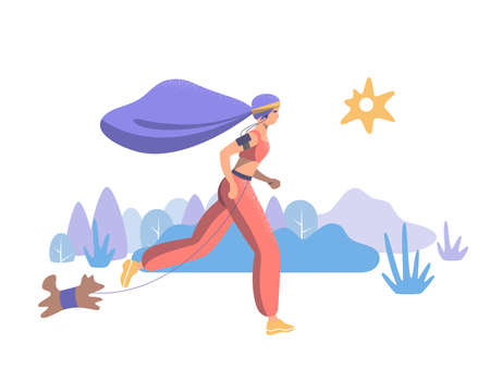 Young woman jogging in nature with her dog. Beautiful young girl takes care of her beauty and health as well as taking care of her pet. Healthy lifestyle. Flat cartoon colorful illustration - eps10 vector.のイラスト素材