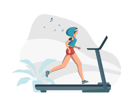 A young woman trains on a treadmill and listens to music. The girl takes care of beauty and health. Healthy lifestyle. Exercise at home and in the gym. Flat cartoon colorful illustration - eps10 vector.のイラスト素材