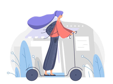 A beautiful young girl rides an electric scooter with a backpack around town. Eco-friendly transport for walking and traveling. Flat cartoon colorful illustration - eps10 vector.のイラスト素材