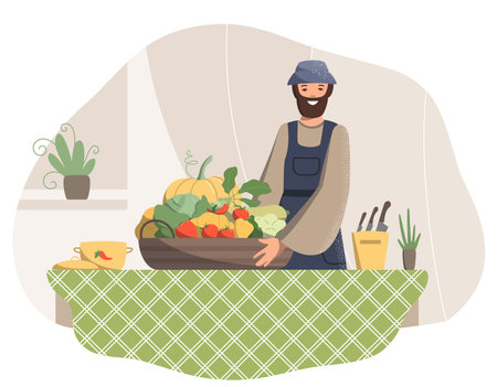Smiling positive man with a basket of fresh tasty vegetables in the kitchen. Cooking from healthy farm vegetables, freezing for the winter, harvest, vegetarianism, healthy eating. Vector.のイラスト素材