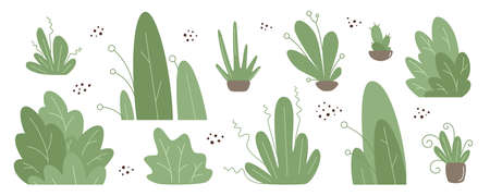 Set - trees, grass, bushes and flowers in a modern flat style. Simple vector set of plants for backgrounds in your design. Home potted plants. Isolated on white. Flat cartoon vector illustration.のイラスト素材