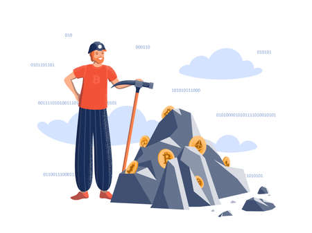 Positive man with a pickaxe in a miner's helmet near the mountain with crypto coins. Mining crypto currencies, exchange rates, mining farms, finance, blockchain, calculations in crypto currency. Vector.のイラスト素材