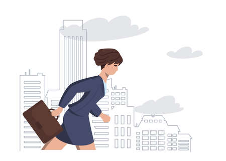 An active young woman in a business suit with a briefcase in hand rushes to the office to work against the background of the cityscape. Fast pace of life, monotonous work and study, vacancies. Vector.のイラスト素材