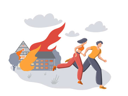 Illustration of people running against the background of a forest fire, fire and trees, disaster, evacuation. Natural and man-made fires, loss of home, disaster. Sad events and news. Vector illustration.のイラスト素材