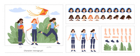 Constructor or character creation kit - girl. A set for creating a character in front, profile and 3/4 with types of faces, hair color, emotions, body parts, gestures. Flat cartoon vector illustration.のイラスト素材