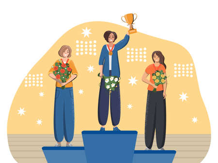 Three women - champions with flowers and awards on the victory podium. First, second and third place for winners of sports and intellectual competitions. Cup, medals. Flat cartoon vector illustration.のイラスト素材