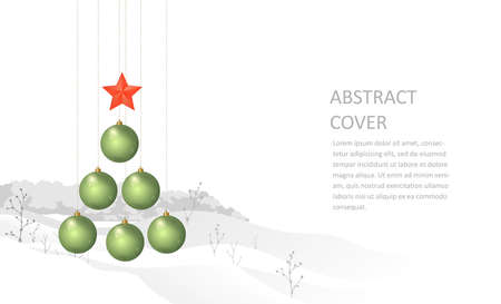 Christmas tree toys in the form of a Christmas tree on the background of a winter landscape. Merry Christmas and Happy New Year! Festive congratulations. Vector illustration.のイラスト素材