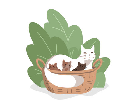 Flat drawing of a cat with kittens in a basket. Favorite pet, care and nursing, motherhood and reproduction. Flat vector illustration on white background.のイラスト素材